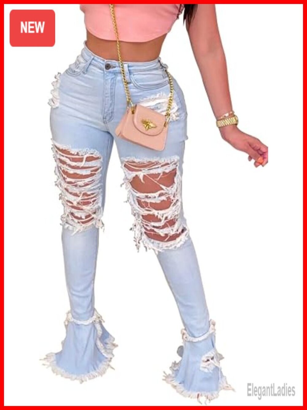 Women's Bell Bottom Flare Jeans Ripped Elastic Waist Raw Hem